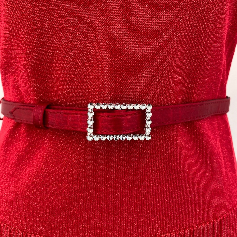 Metallic Red Turtleneck Flutter Sleeve Belted Top - image 4